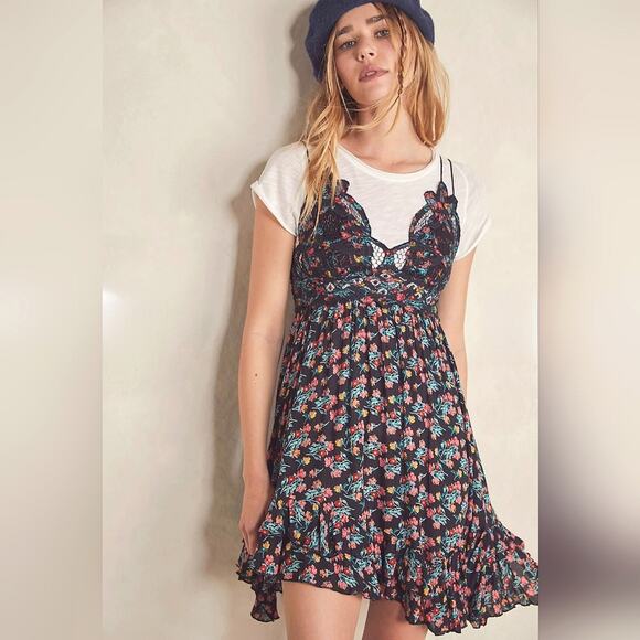 FP Intimately Free People Adella Mini Slip Dress Sz Large Blue Floral Ruffle - Picture 13 of 16